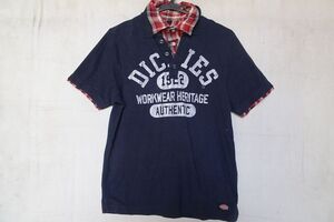 Dickies/ディッキーズ/襟付半袖レイヤードシャツ/ポロシャツ/鹿の子素材/チェック柄生地重ね着/ロゴプリント/紺/ネイビー/Mサイズ(8/7R)