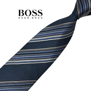 ★ストライプ柄★HUGO BOSS★高級ネクタイ ダークネイビー/ブラウン系 レジメンタル柄 ヒューゴボス シルク USED プレス済み t1076