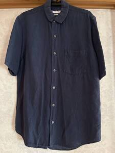 ★GLOBAL WORK★FRENCH LINEN BLEND 半袖シャツ 紺ネイビー S 麻53％レーヨン47％