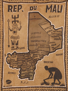 アフリカ　マリ　ボゴランフィニ　絵布　Lサイズ　No.26　泥染め布　コットン　織布　飾り布　タペストリー　マリ地図　アフリカ地図