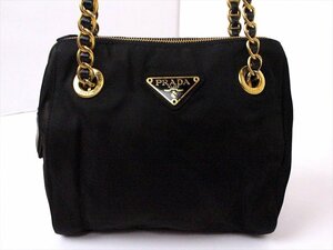 美品☆PRADA【プラダ】チェーン ショルダーミニバッグ☆レザー☆ブラック×ゴールド金具☆ナイロン☆テスート☆ロゴ☆レディース