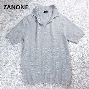 【男の最高級ニット】ZANONE ザノーネ　サマーニット　グレー　50 大きい　半袖 ストレッチ　スキッパー　編み込み　一点物