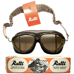 史上最高峰ヴィンテージゴーグル1930sITALY製 箱付デッド 最初期 PERSOL RATTI ペルソールラッティ2窓式レザーゴーグル フラットガラスLENS