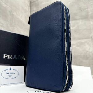 1円■付属品完備■ PRADA プラダ メンズ ビジネス 長財布 オーガナイザー ラウンドファスナー 銀ロゴ 三角ロゴ レザー ネイビー 紺色