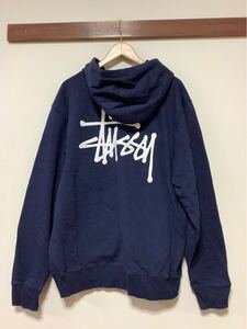 れ1495 STUSSY ステューシー Hoodie フーディー スウェット プルオーバーパーカー L ネイビー 裏起毛 ロゴプリント ストリート 1924649