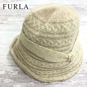 1I3868-J◆日本製 FURLA フルラ ウール混デザインニットハット◆ベージュ レディース S〜M 帽子 クロッシェ ファッション小物 秋冬アイテム