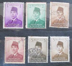 インドネシア切手　 スカルノ大統領 1951年シリーズ 　 1～5R　6枚　　使用済み