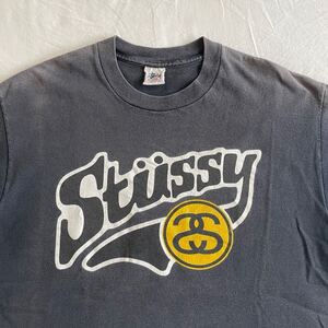 白タグ! 90s STUSSY ロゴ Tシャツ L フェード ブラック ヴィンテージ OLD スケート 黒 80s