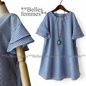 ★送料185円★新品★フリル袖*平織りストライプ*フレア袖チュニック*ゆったりプルオーバー*ヒップカバー*長め丈チュニック*512ブルー