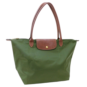 1円 ■ ロンシャン トートバッグ カーキ系×ブラウン系 ナイロン×レザー 折りたたみ LONGCHAMP ■E.Bii.zE-16