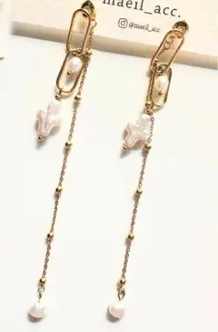 ハンドメイド パール クロス チェーン ピアス 2way ステンレス ゴールド