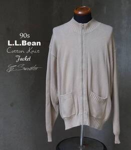 90s エルエルビーン L.L.Bean 生成り ベージュ コットン ニット ジップ セーター ジャケット L