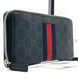 未使用級◆GUCCI グッチ 長財布 ロングウォレット シェリーライン GGスプリーム ニューウェーブ ラウンドファスナー ブラック 黒 メンズ