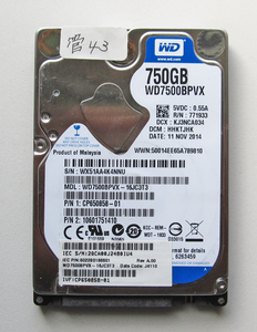 ★送料無料★ノート用HDD 2.5インチ 750GB ★ 5518時間 ★ Western Digital ★ WD7500BPVX ★ 管43