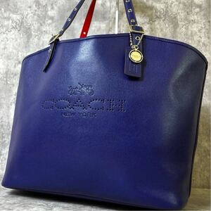 美品/希少カラー ●COACH コーチ トートバッグ メンズ 裏地赤 パンチング 肩掛け ショルダー 調節可能 自立 ビジネス A4 大容量 ブルー 青