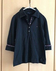 ☆【TOMMY HILFIGER】カットソー ポロシャツ 5分袖 ロゴ スナップボタン ブラック レディース Sサイズ☆