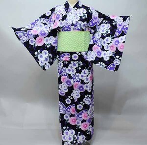 浴衣 女性用 単品 仕立て上がり 綿100％ 紅梅入 ラメ入り 適合身長152-167cm 花柄 黒地 新品（株）安田屋 NO37350