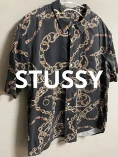 STUSSY 鎖　総柄半袖シャツ　ブラック　XL