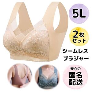 シームレスブラ ブラジャー 5L 4XL 2枚セット 大きいサイズ レース ノンワイヤーブラ ベージュ ナイトブラ ゆったり