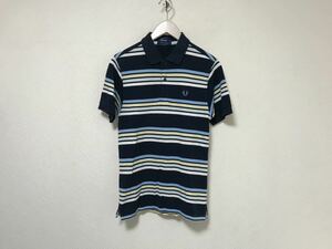 本物フレッドペリーFREDPERRYコットンボーダー柄半袖ポロシャツメンズビジネススーツアメカジミリタリーサーフ紺ネイビーXSマカオ製