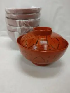 漆器　蓋つき煮物椀 　洗朱刷毛目　吉野絵蒔絵　4セット　漆