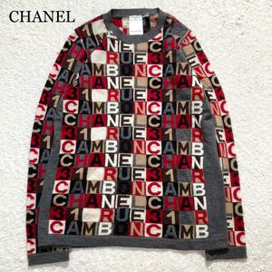 【極美品】CHANEL ニット カシミヤ100% ロゴ 総柄 マルチカラー 42