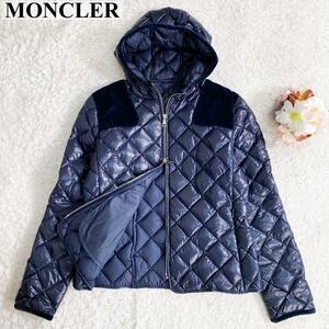 【美品】MONCLER モンクレール キルティング ダウンジャケット HARLE フード ベロア切替 D20934630080 ネイビー サイズ 2 M相当 レディース