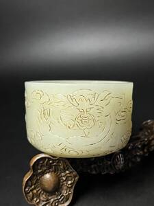 永し 清時代 和田玉 龍紋彫 玉杯 極細工 彫件 置物擺件 古美術品 時代物 古董品 収集 旧家蔵出 中国唐物 A7249