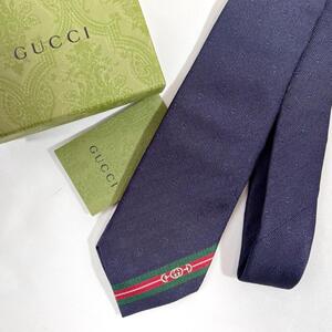 ■1円〜 ＜未使用!!＞■GUCCI グッチ ネクタイ シルク100% ビジネス フォーマル スーツ 結婚式 パーティー ネイビー 管:2501091