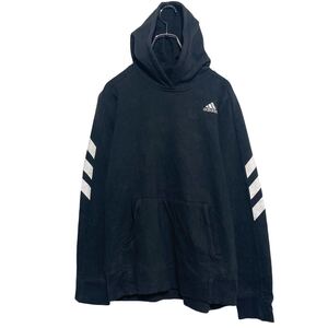 adidas ロゴ スウェット パーカー アディダス XL キッズ 140～ ブラック プルオーバー アームプリント 古着卸 アメリカ仕入 a609-7236