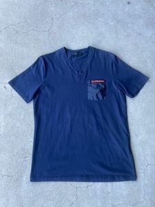 PRADA SPORT ナイロン切り替え Vネック Tシャツ ネイビー カットソー トップス