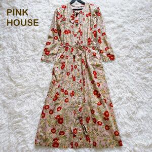 【美品/マキシ】PINK HOUSE ピンクハウス マキシ シャツワンピース 花柄 総柄 リボン プリーツ ベージュ レッド フリーサイズ 綿 長袖 