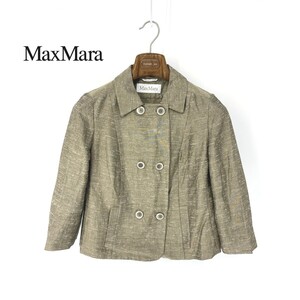 A5981/極美品 春夏 裏地無し Max Mara マックスマーラ 白タグ シルク リネン ダブル テーラード サマージャケット 36 灰色/レディース