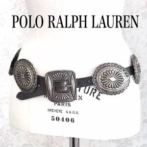 ★ POLO RALPH LAUREN ポロ ラルフローレン コンチョ ベルト メタルアクセント レザー ベルト ダークブラウン　XS 7連 コンチョ ★ 