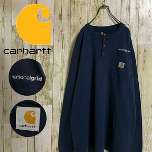 【大人気】Carhartt カーハート 刺繍 企業ロゴ 胸ポケット ヘンリーネック ビッグサイズ ロングスリーブ 長袖Tシャツ ロンT 2XL相当 古着