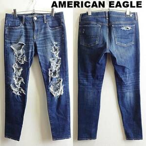 即決★ 送料無★ アメリカンイーグル　JEGGING　W80cm　スーパーストレッチ　クラッシュデニム　レーヨン混　10R　藍青　360SS　H284