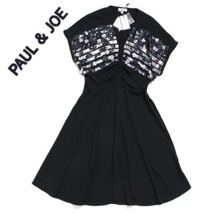 新品 PAUL & JOE FONTENAY DRESS スパンコールフラワー装飾付 ワンピース size36 ブラック ポールアンドジョー ドレス