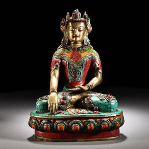 *珍品旧蔵*清時代 西藏純銅打造 モザイク寶石 彩繪描金 釋迦佛祖 覺沃佛一尊 銅製 古美術品 LRF0228