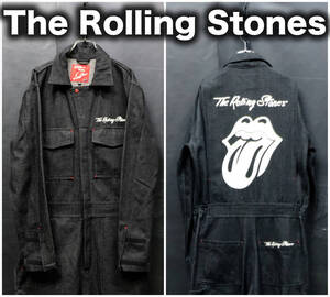 The Rolling Stones デニムオールインワン バックペイント Lサイズ ブラックデニム つなぎ 作業着 ジャンプスーツ ローリングストーンズ