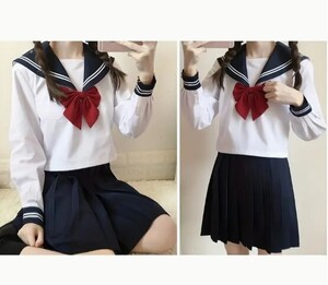 送料無料【新品】長袖セーラー服上下セットS　黒　学生服JK女子高生　アジャスター付きプリーツスカート/リボンタイも調整OK　コスプレ衣装