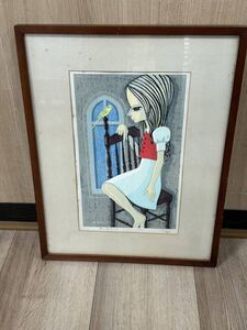 Y10030　　　池田修三 「赤いチョッキの子」1985 59/300 木版画 直筆サイン 絵画 額装 