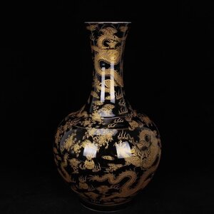 烏金龍紋賞瓶 景徳鎮 陶磁器 装飾品 現代工芸品美術品 置物