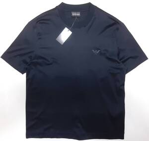 [新品]EMPORIO ARMANI　フロッキーイーグルロゴ入り【メンズ・ジャージ半袖Tシャツ】◆2024-25年秋冬モデル　サイズ：XL(52相当)　◆色：紺