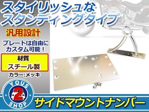 スチール製 汎用 サイドマウント ナンバーステー キット / スタンディングタイプ メッキ ステー プレート TW225 ビラーゴ250 など