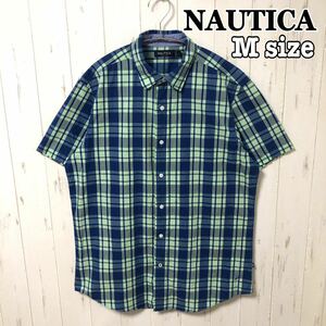 NAUTICA ノーティカ 半袖シャツ チェック コットン 刺繍ロゴ Mサイズ 青 ブルー 輸入 海外古着