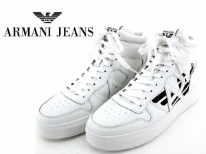 5万新品◆42=27㎝◆ARMANI JEANSアルマーニジーンズロゴ入りレザーハイカットレースアップスニーカー白黒 1円