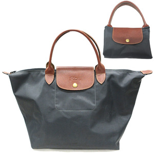 ロンシャン LONGCHAMP プリアージュ M トート ハンド バッグ 折りたたみ 1623089300 グレー ブラウン ナイロン レザー 中古ABランク