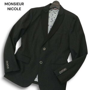 美品★ MONSIEUR NICOLE ムッシュ ニコル 秋冬 ウール100％★ 牛革使い テーラード ジャケット ブレザー Sz.46　メンズ 灰　A4T12714_B#N