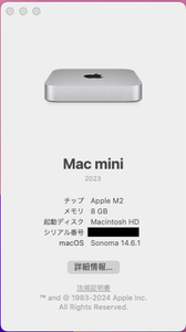 Mac mini 2023 M2 メモリ8GB SSD256GB　美品