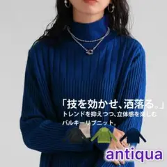 【antiquaアンティカ】バルキーリブニット　長袖　立体配色　ブルー　Free